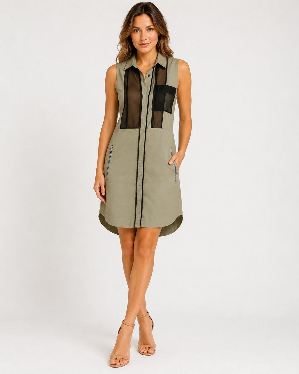 Coming Step Sleeveless Utility Shirt Dress Women 1 Green Sheer Mesh Panels